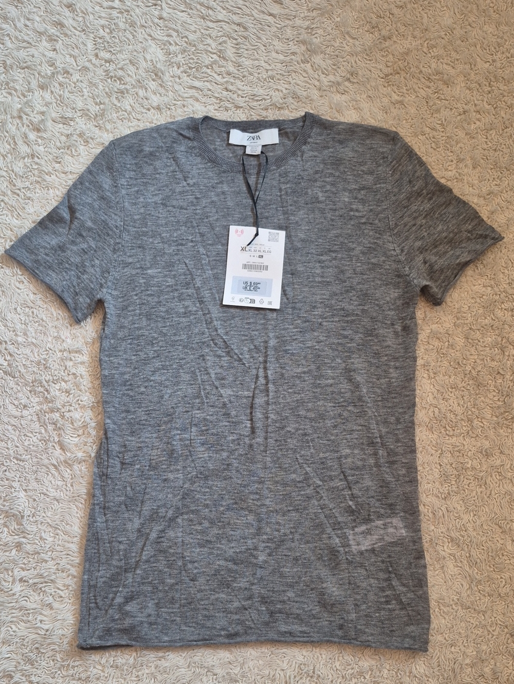ZARA studio wool Short Sleeve Sweater XL Thin Semi-sheer Roll Cuff Crewneck Top